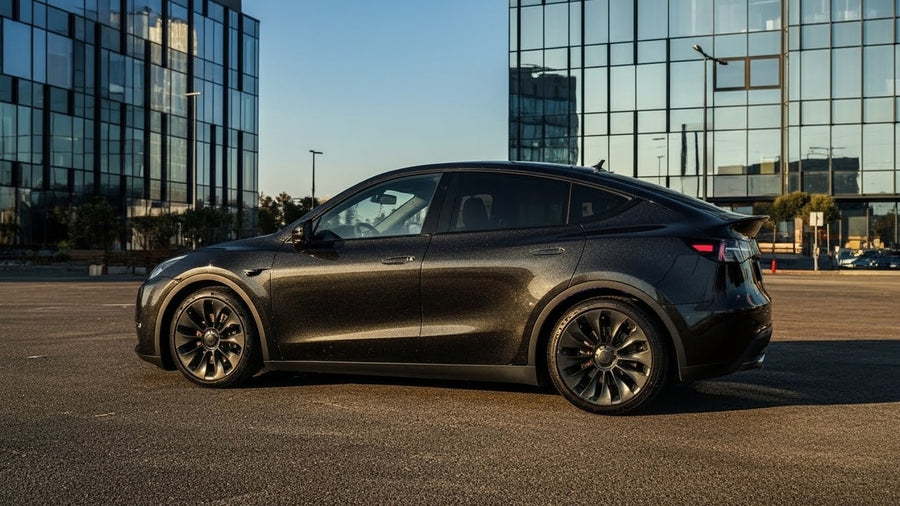 Tesla Y wrapped in Hexis Gloss HX20000 Catechu Black wrap film HX20NCAB
