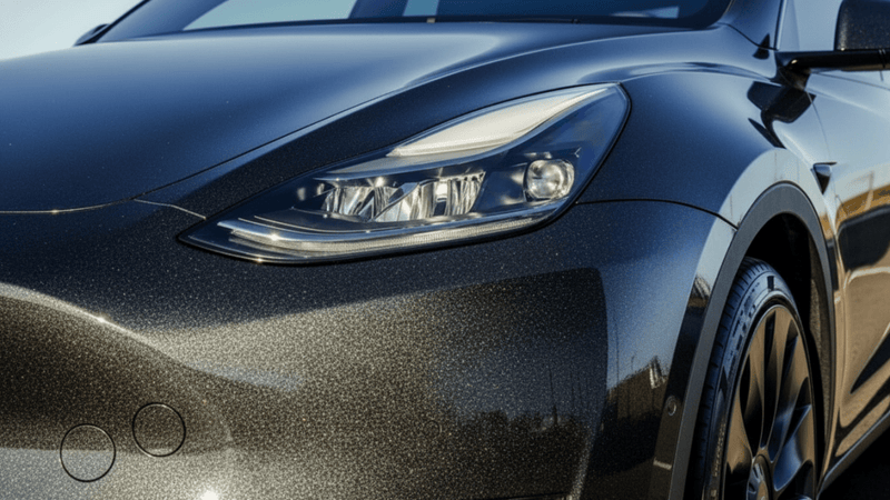 Tesla Y wrapped in Gloss HX20000 Catechu Black restyling film HX20NCAB