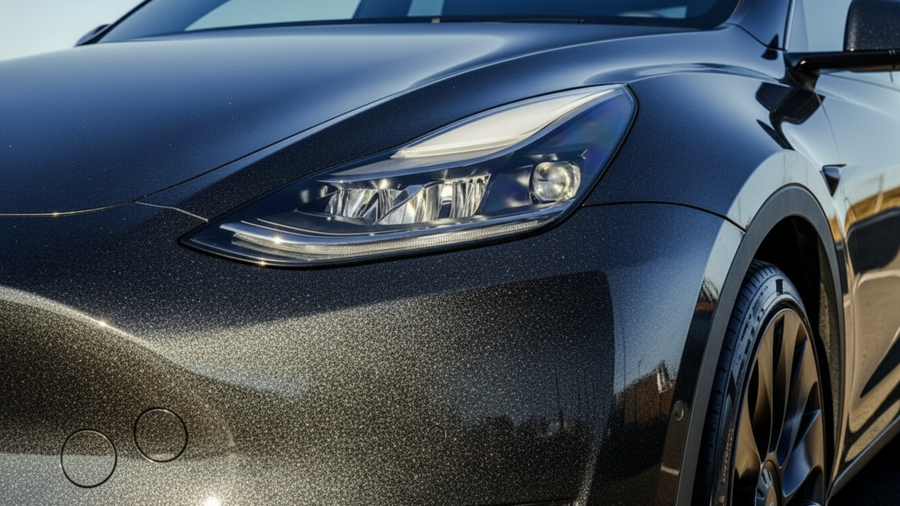 Tesla Y wrapped in Gloss HX20000 Catechu Black restyling film HX20NCAB