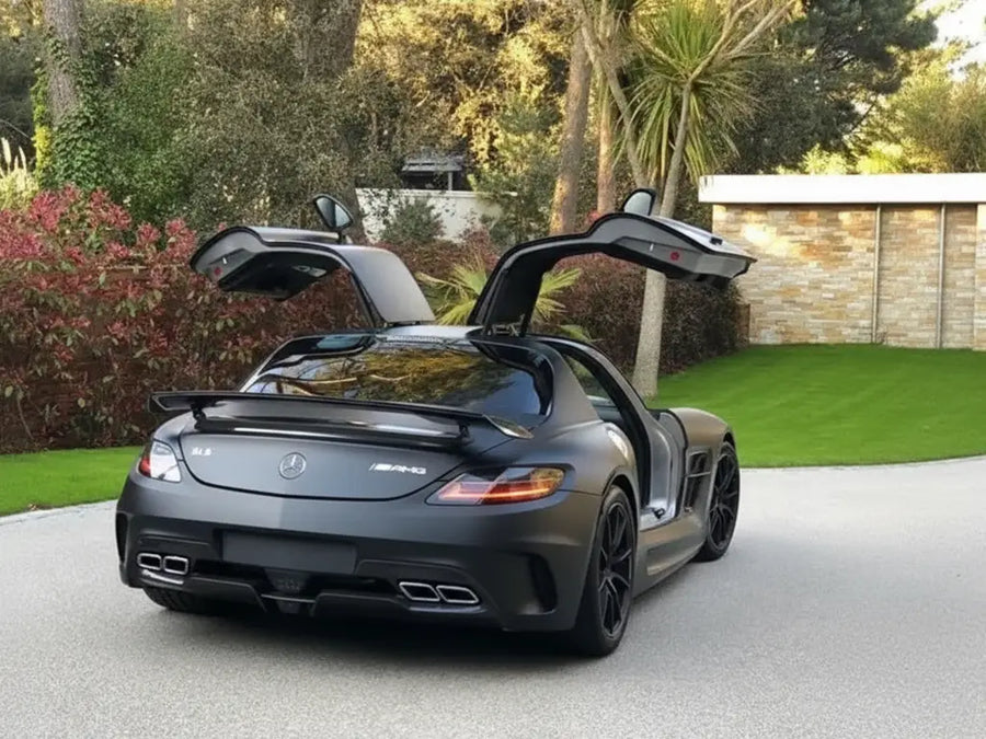 Mercedes-Benz SLS AMG wrapped in Hexis Matte HX20000 Deep Black restyling film HX20NPRM