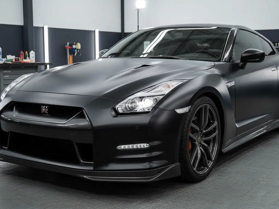 Nissan GT-R wrapped in Satin HX20000 Deep Black restyling film HX20NPRS