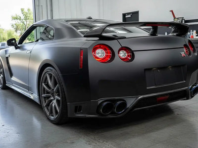 Nissan GT-R wrapped in Hexis Satin HX20000 Deep Black automotive vinyl film HX20NPRS