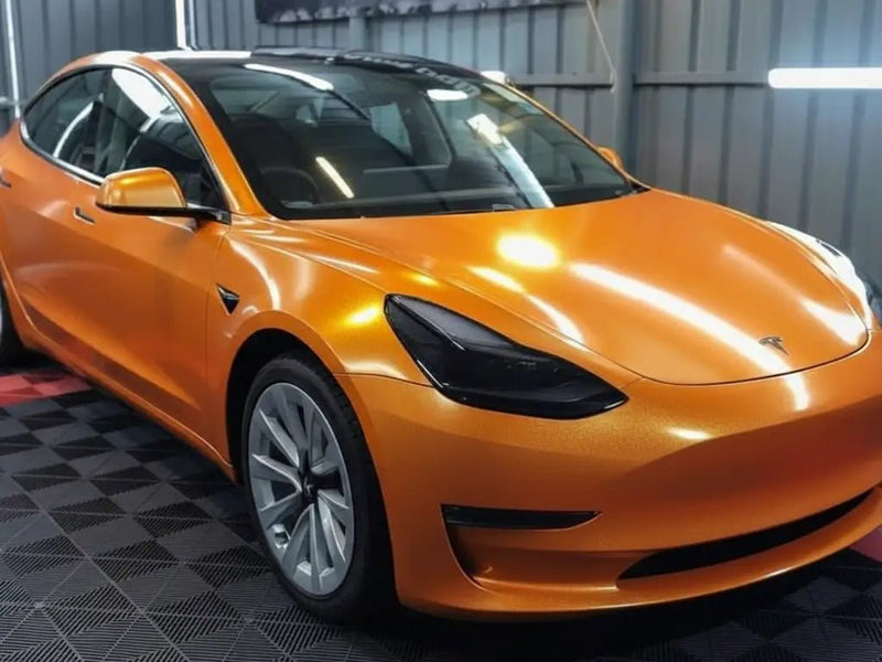 DIY Tesla 3 wrapped in Gloss HX20000 Aurora Orange car wrap film HX20OAUB