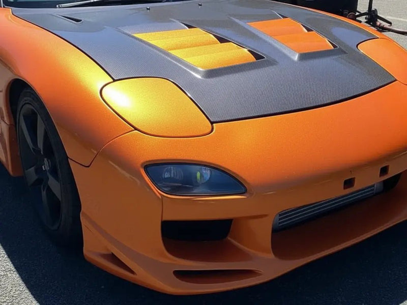 DIY Mazda RX-7 wrapped in Gloss HX20000 Aurora Orange wrap film HX20OAUB