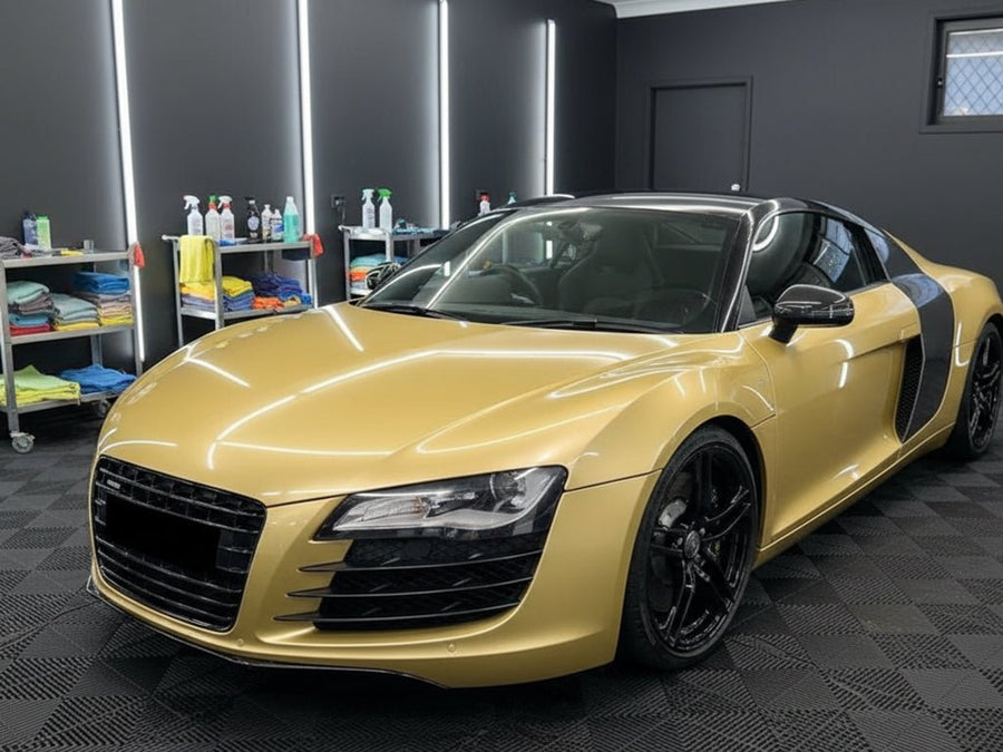 Audi R8 wrapped in Hexis Gloss HX20000 Zeus Gold car wrap film HX20P001