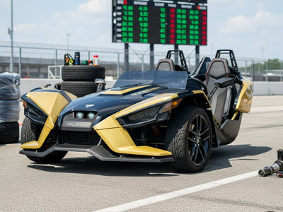 Polaris Slingshot wrapped in Gloss HX20000 Zeus Gold wrap film HX20P001
