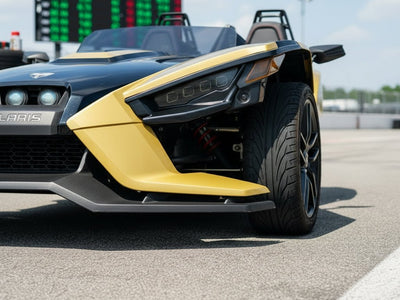 Polaris Slingshot wrapped in Hexis Gloss HX20000 Zeus Gold restyling film HX20P001 detail