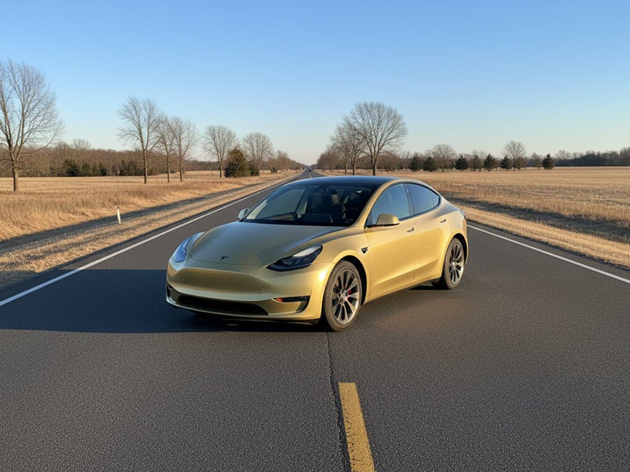 DIY Tesla 3 wrapped in Gloss HX20000 Zeus Gold restyling film HX20P001