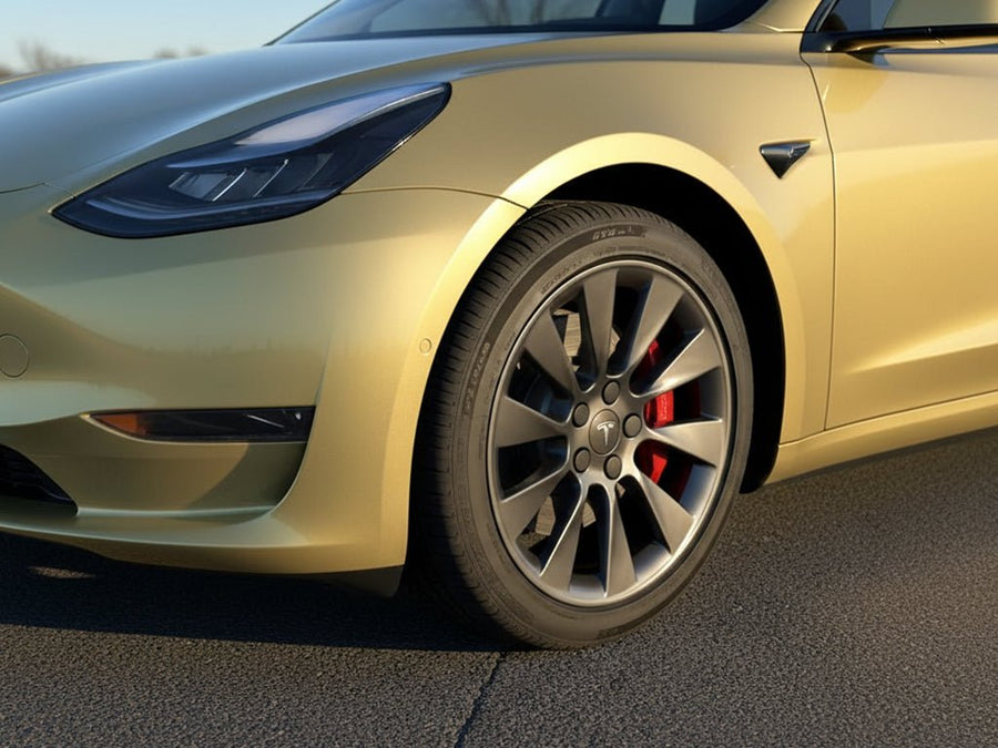DIY Tesla 3 wrapped in Gloss HX20000 Zeus Gold vinyl wrap HX20P001