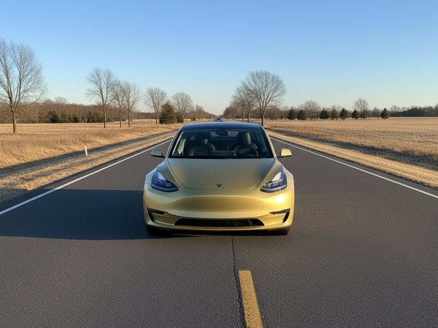 Tesla 3 wrapped in Gloss HX20000 Zeus Gold restyling film HX20P001