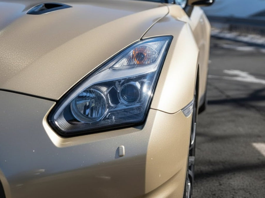 DIY Nissan GT-R wrapped in Gloss HX20000 Zeus Gold automotive vinyl film