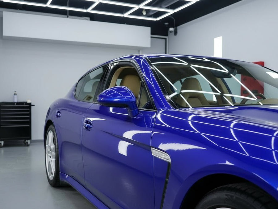 DIY Porsche Panamera wrapped in Gloss HX20000 Triton Blue wrap film HX20P005 detail
