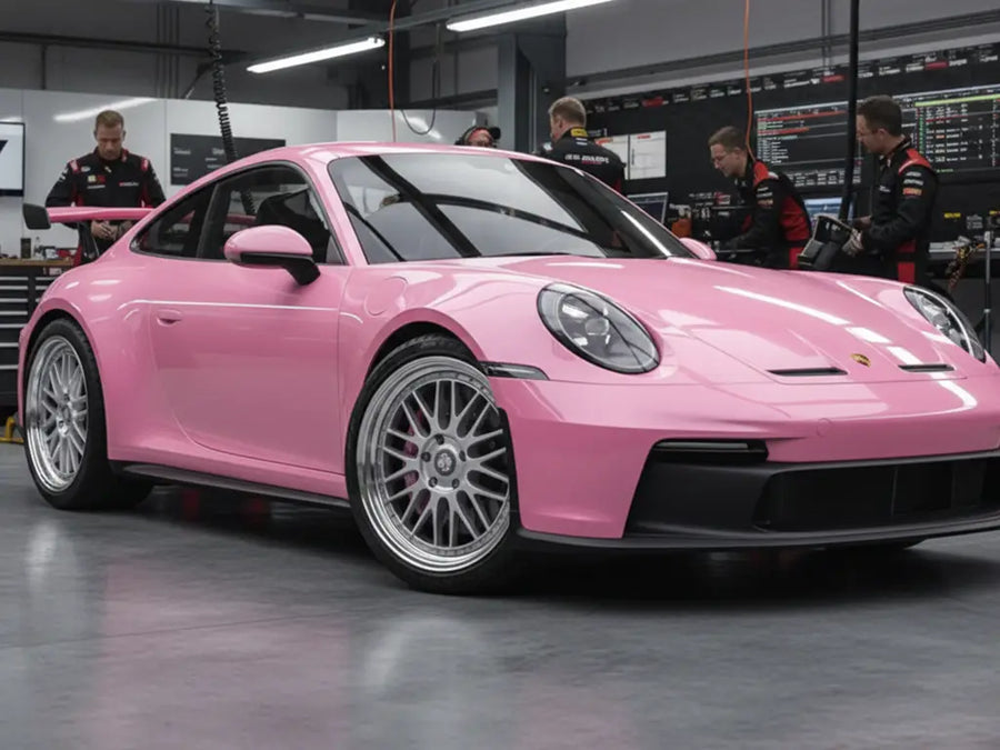 Porsche 911 wrapped in Gloss HX20000 Lady Pink wrap film HX20R11B