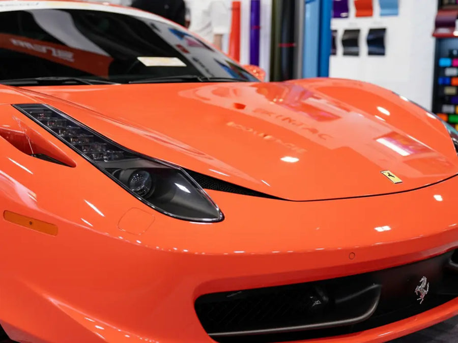 Ferrari 458 Italia wrapped in Hexis Gloss HX20000 Light Red wrap film HX20R21B