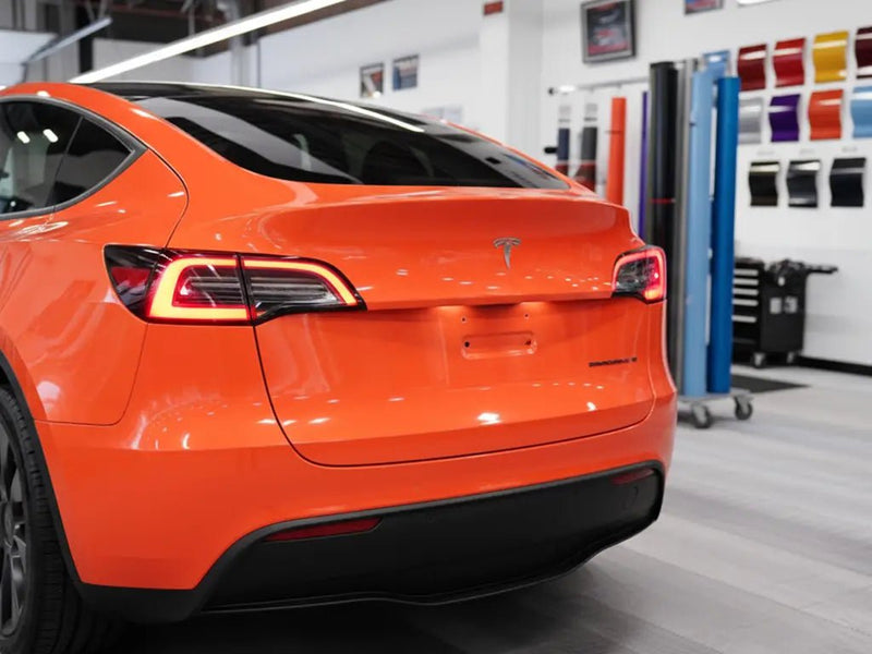 DIY Tesla Y wrapped in Gloss HX20000 Light Red car wrap film HX20R21B