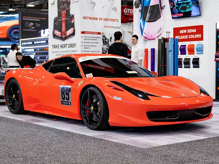 Ferrari 458 Italia wrapped in Hexis Gloss HX20000 Light Red car wrap film HX20R21B