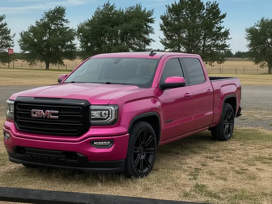 GMC Sierra wrapped in Hexis Gloss HX20000 Pinkstar car wrap film HX20R22B