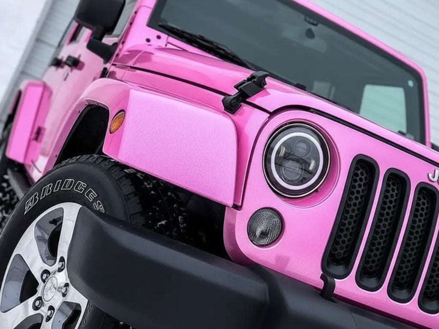 Jeep Wrangler wrapped in Hexis Gloss HX20000 Jellybean Pink wrap film HX20RDRB