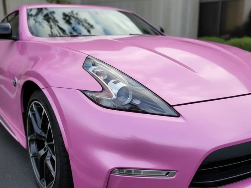 Nissan 370Z wrapped in Hexis Gloss HX20000 Jellybean Pink automotive vinyl film HX20RDRB