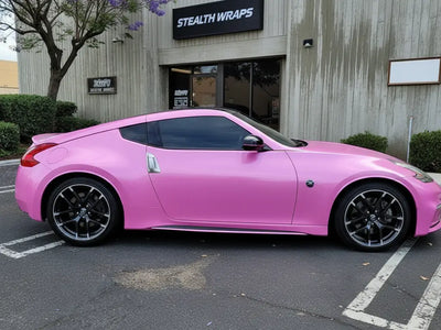 Nissan 370Z wrapped in Hexis Gloss HX20000 Jellybean Pink automotive vinyl film HX20RDRB detail