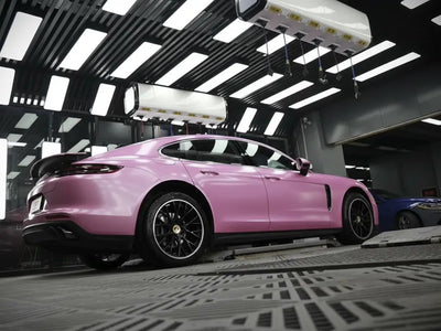 Porsche Panamera wrapped in Gloss HX20000 Jellybean Pink vinyl wrap HX20RDRB