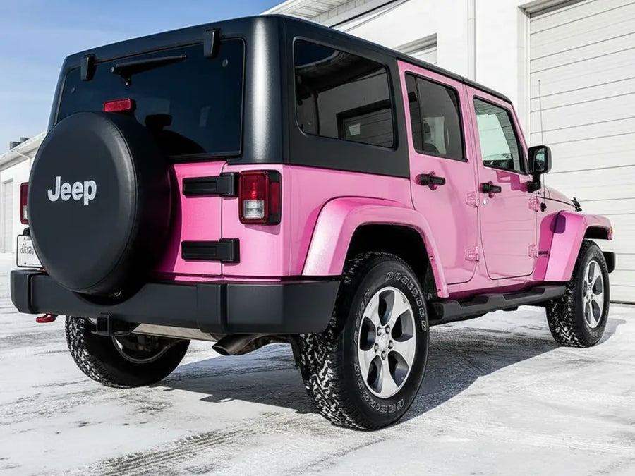 Jeep Wrangler wrapped in Hexis Gloss HX20000 Jellybean Pink vinyl wrap HX20RDRB detail