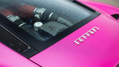 Ferrari wrapped in Hexis Gloss HX20000 Indian Pink wrap film HX20RINB