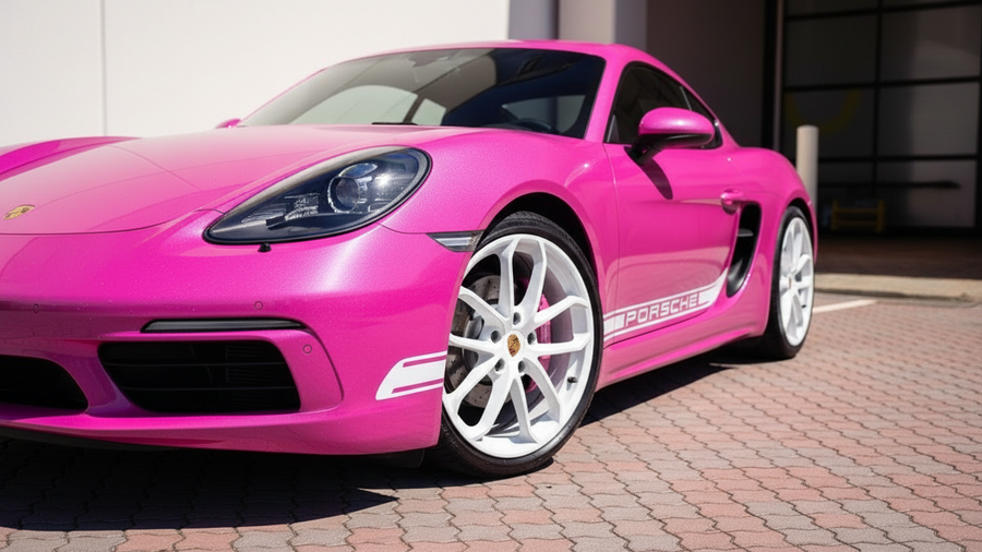 Porsche 718 Cayman wrapped in Gloss HX20000 Indian Pink vinyl wrap HX20RINB