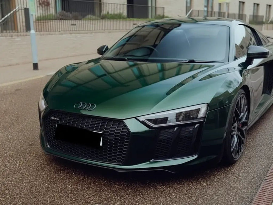 Audi R8 wrapped in Hexis Gloss HX20000 Sherwood Green automotive vinyl film HX20V14B detail