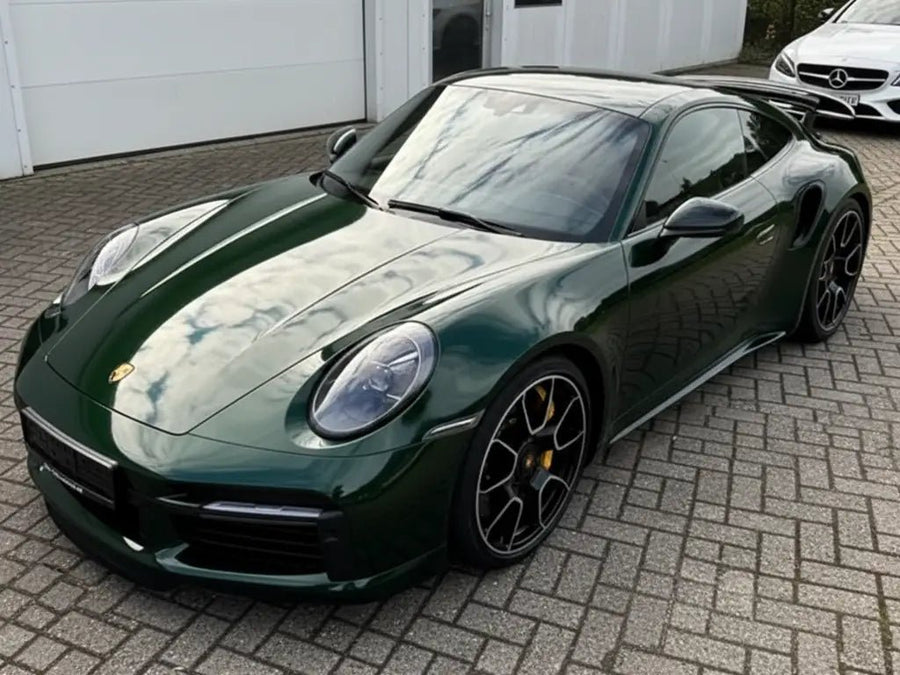 Porsche 911 Turbo S wrapped in Hexis Gloss HX20000 Sherwood Green automotive vinyl film HX20V14B