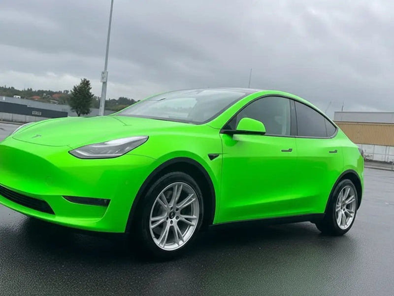 Tesla Y wrapped in Hexis Gloss HX20000 Drosera Green automotive vinyl film HX20V16B