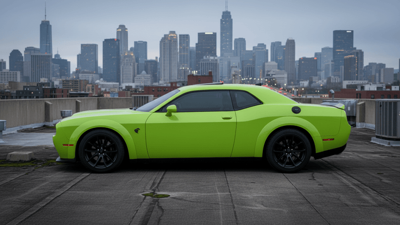 DIY Dodge Challenger wrapped in Gloss HX20000 Toxic Green restyling film HX20V24B