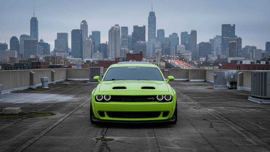 DIY Dodge Challenger SRT Hellcat wrapped in Gloss HX20000 Toxic Green automotive vinyl film HX20V24B