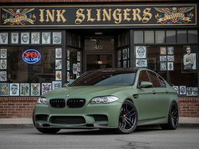 DIY BMW M5 wrapped in Satin HX20000 Hercules Green automotive vinyl film HX20V28S