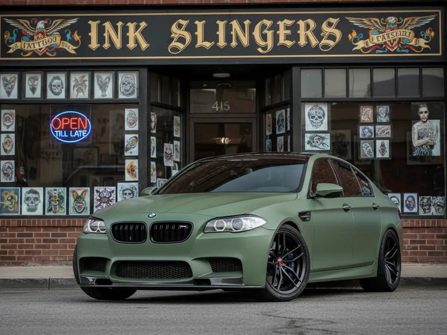 DIY BMW M5 wrapped in Satin HX20000 Hercules Green automotive vinyl film HX20V28S