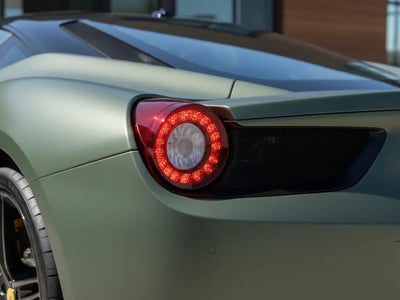 Ferrari 458 wrapped in Hexis Satin HX20000 Hercules Green wrap film HX20V28S detail
