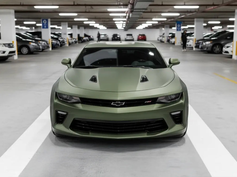 Chevrolet Camaro wrapped in Satin HX20000 Hercules Green restyling film HX20V28S