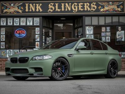 BMW M5 wrapped in Satin HX20000 Hercules Green automotive vinyl film HX20V28S