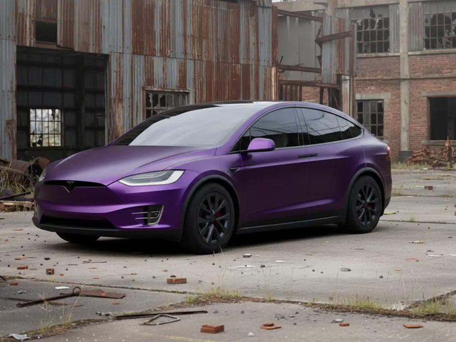 Tesla X wrapped in Satin HX20000 Deep Purple Wet automotive vinyl film HX20V43W