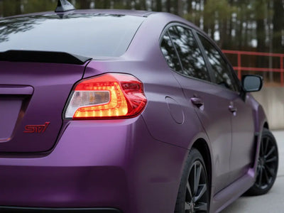 Subaru WRX STI wrapped in Hexis Satin HX20000 Deep Purple Wet restyling film HX20V43W