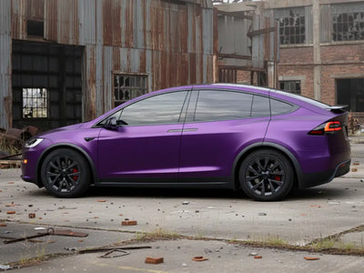 Tesla X wrapped in Satin HX20000 Deep Purple Wet automotive vinyl film HX20V43W detail