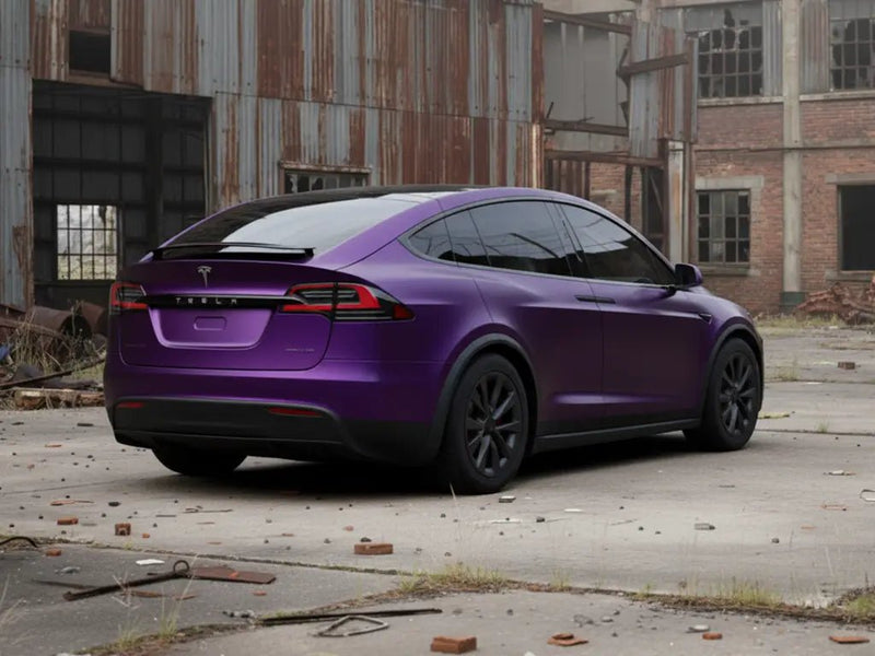 Tesla X wrapped in Hexis Satin HX20000 Deep Purple Wet wrap film HX20V43W