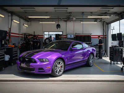 Ford Mustang wrapped in Hexis Gloss HX20000 Goddess Purple automotive vinyl film HX20V44B detail