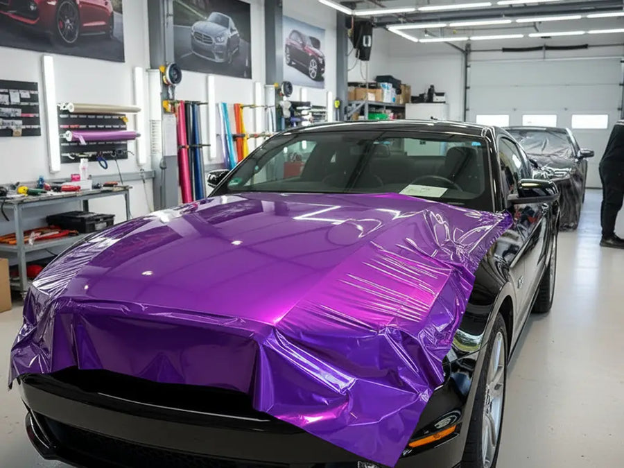 Ford Mustang wrapped in Hexis Gloss HX20000 Goddess Purple automotive vinyl film HX20V44B