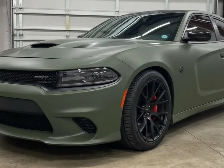 Dodge Charger wrapped in Matte HX20000 Military Green wrap film HX20VMIM