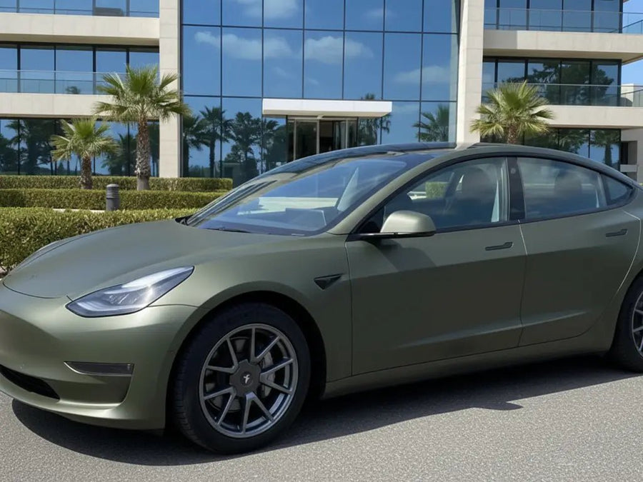Tesla 3 wrapped in Hexis Matte HX20000 Military Green car wrap film HX20VMIM