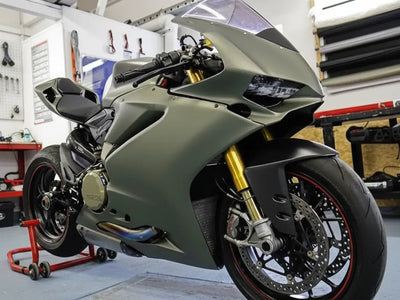 Motorcycle wrapped in Hexis Matte HX20000 Military Green vinyl wrap HX20VMIM