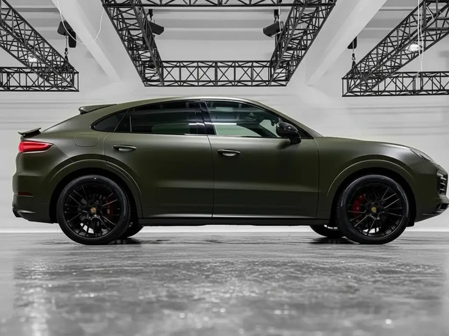 DIY Porsche Cayenne Coupe wrapped in Matte HX20000 Military Green automotive vinyl film HX20VMIM
