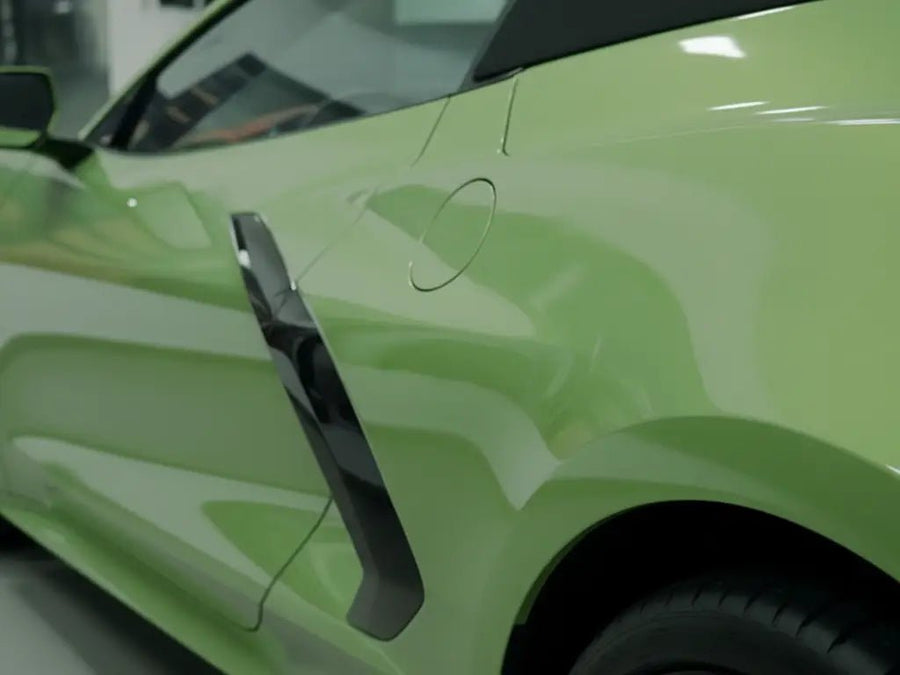 Chevrolet Corvette wrapped in Hexis Gloss HX20000 Olive Green automotive vinyl film HX20VFAB detail