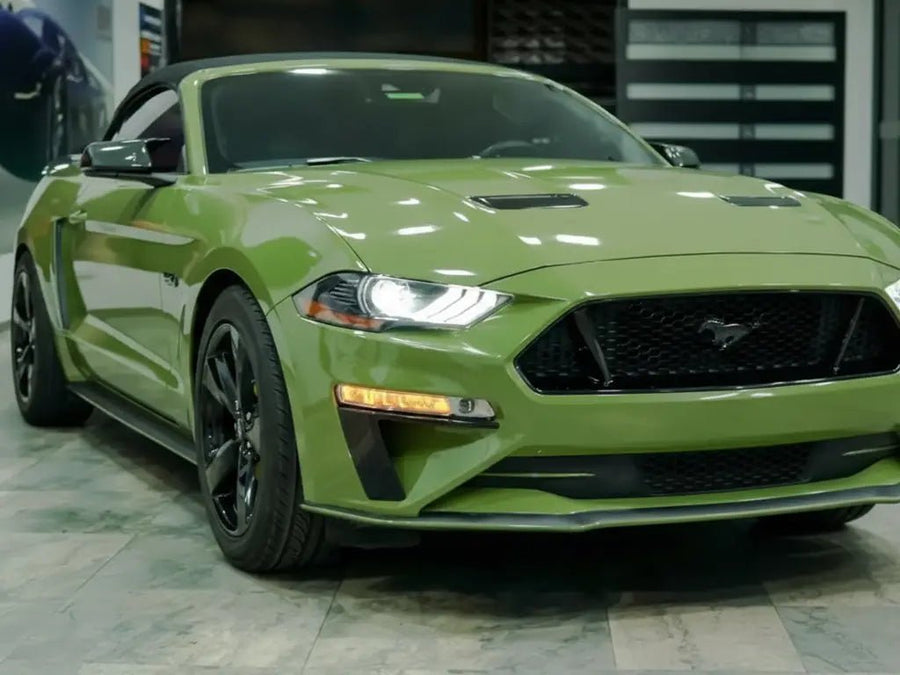 Ford Mustang wrapped in Hexis Gloss HX20000 Olive Green restyling film HX20VFAB